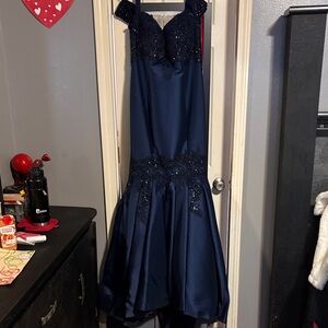 Terani Couture Navy Blue Beaded Prom Dress